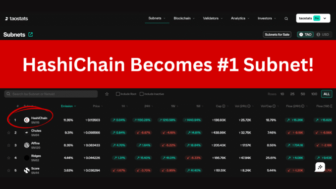 HashiChain Surpasses Chutes, Becomes #1 Bittensor Subnet Within 24 Hours of Launch
